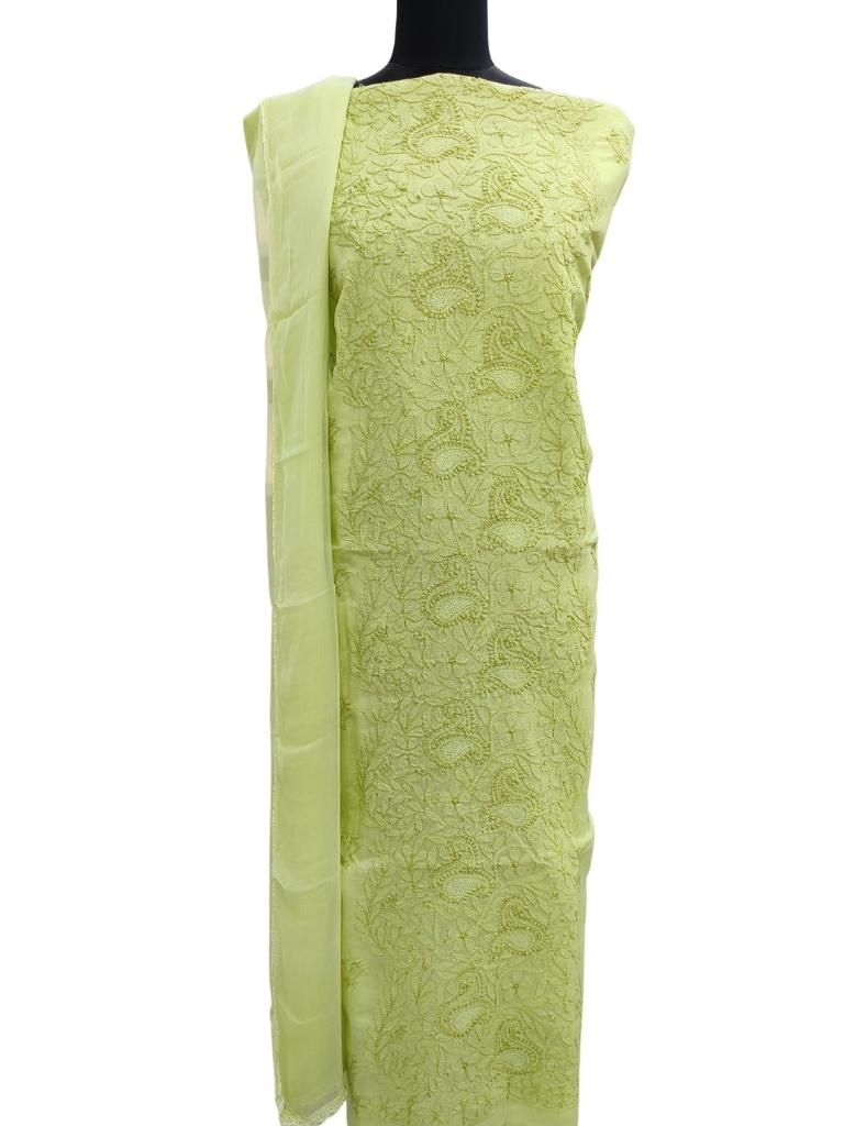 Shyamal Chikan Hand Embroidered Green Cotton Lucknowi Chikankari Unstitched Suit Piece - S14360