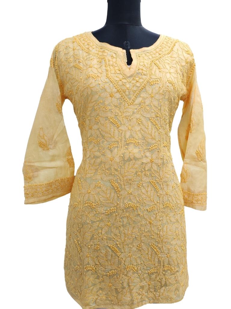 Shyamal Chikan Hand Embroidered Yellow Pure Tusser Silk Lucknowi Chikankari Short Top - S15332