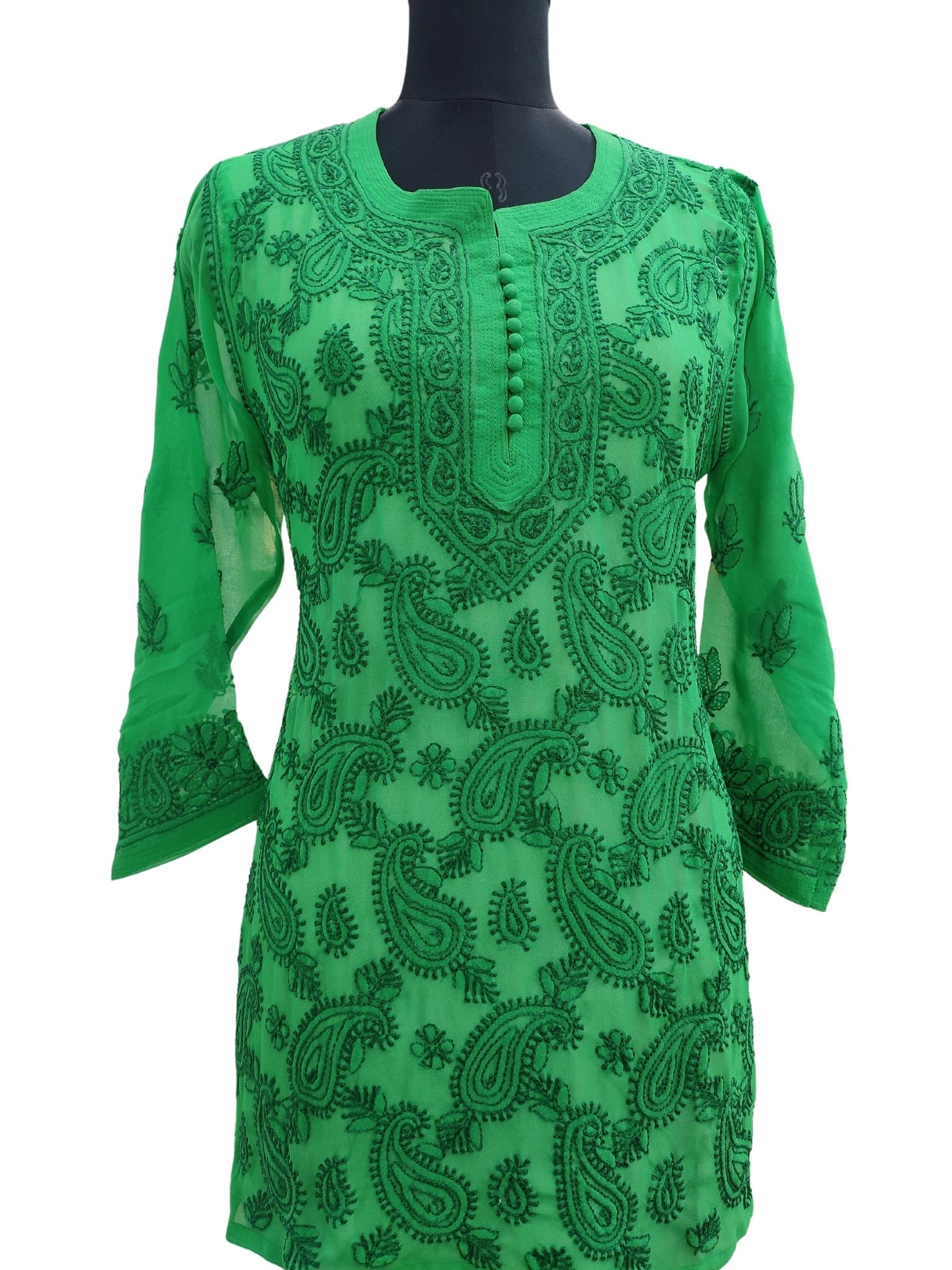 Shyamal Chikan Hand Embroidered Green Georgette Lucknowi Chikankari Short Top- S15686 