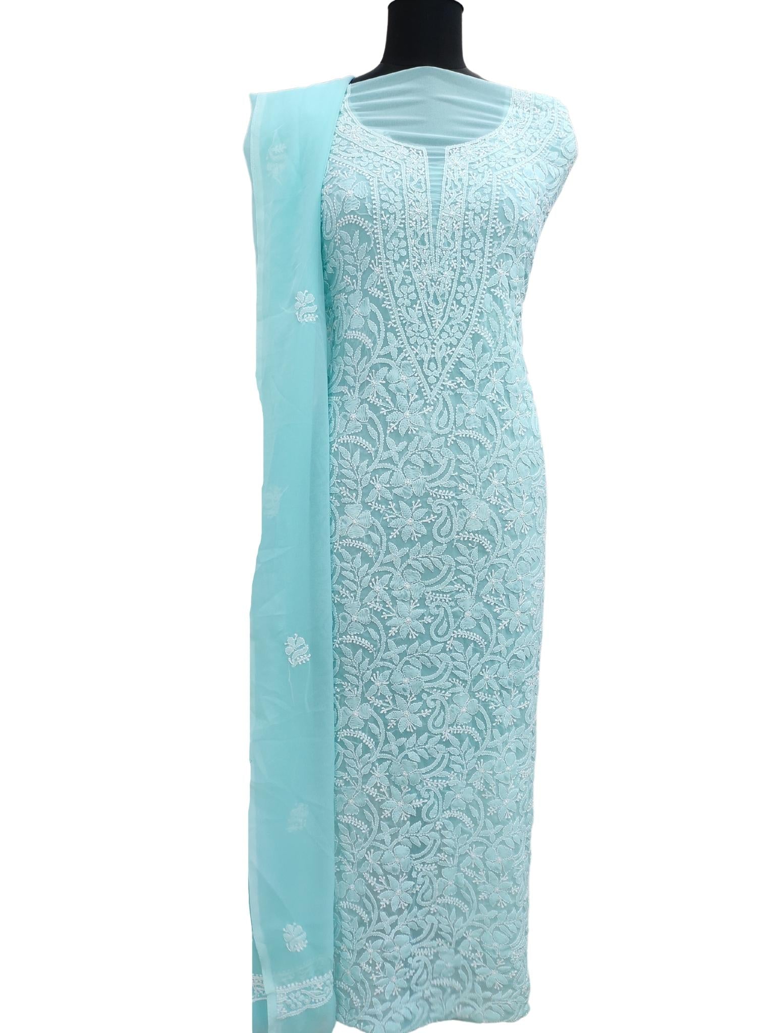 Shyamal Chikan Hand Embroidered Sea Green High Quality Georgette Lucknowi Chikankari Unstitched Suit Piece - S16169