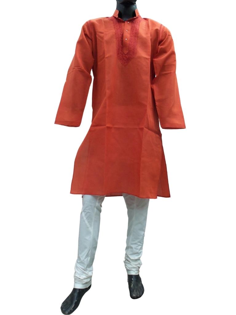 Shyamal Chikan Hand Embroidered Orange Cotton Lucknowi Chikankari Men's Kurta – S1625