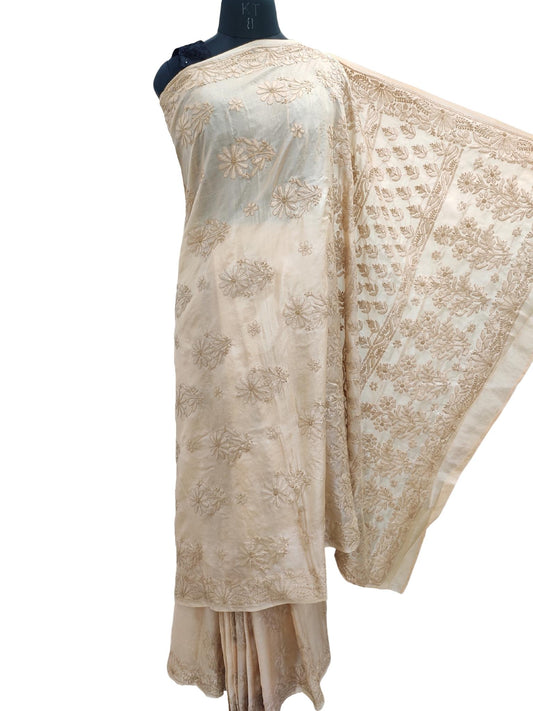 Shyamal Chikan Hand Embroidered Beige Pure Tusser Silk Lucknowi Chikankari Saree With Blouse Piece- S17124