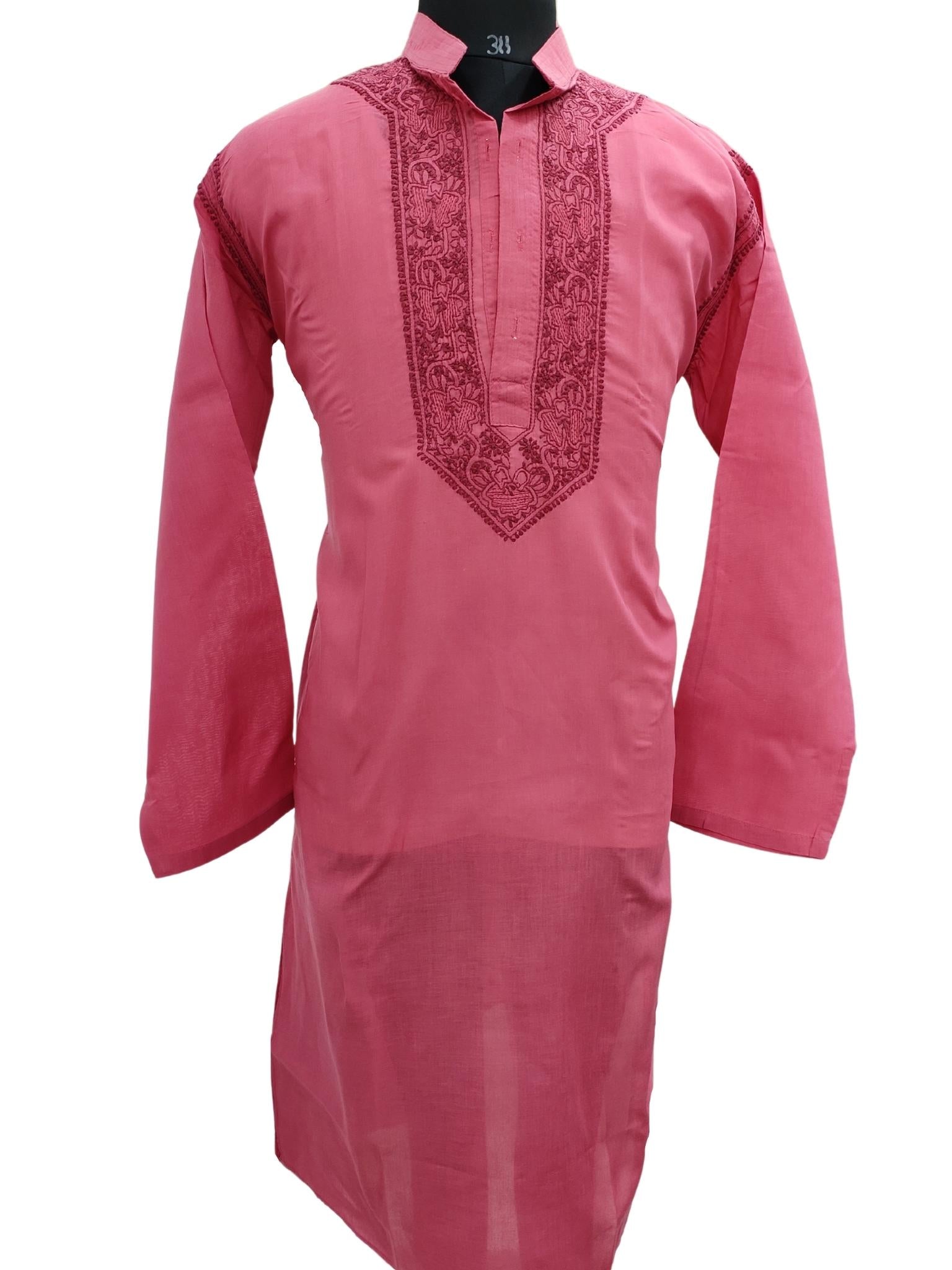 Shyamal Chikan Hand Embroidered Pink Cotton Lucknowi Chikankari Men's Kurta – S17274