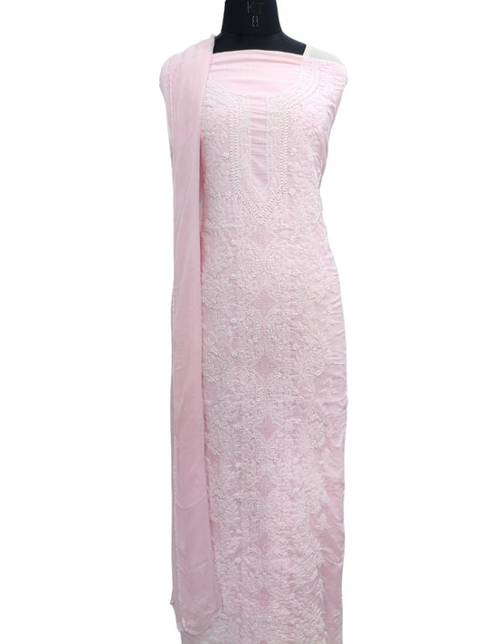 Shyamal Chikan Hand Embroidered Pink Cotton Lucknowi Chikankari Unstitched Suit Piece with Jaali work- S18214