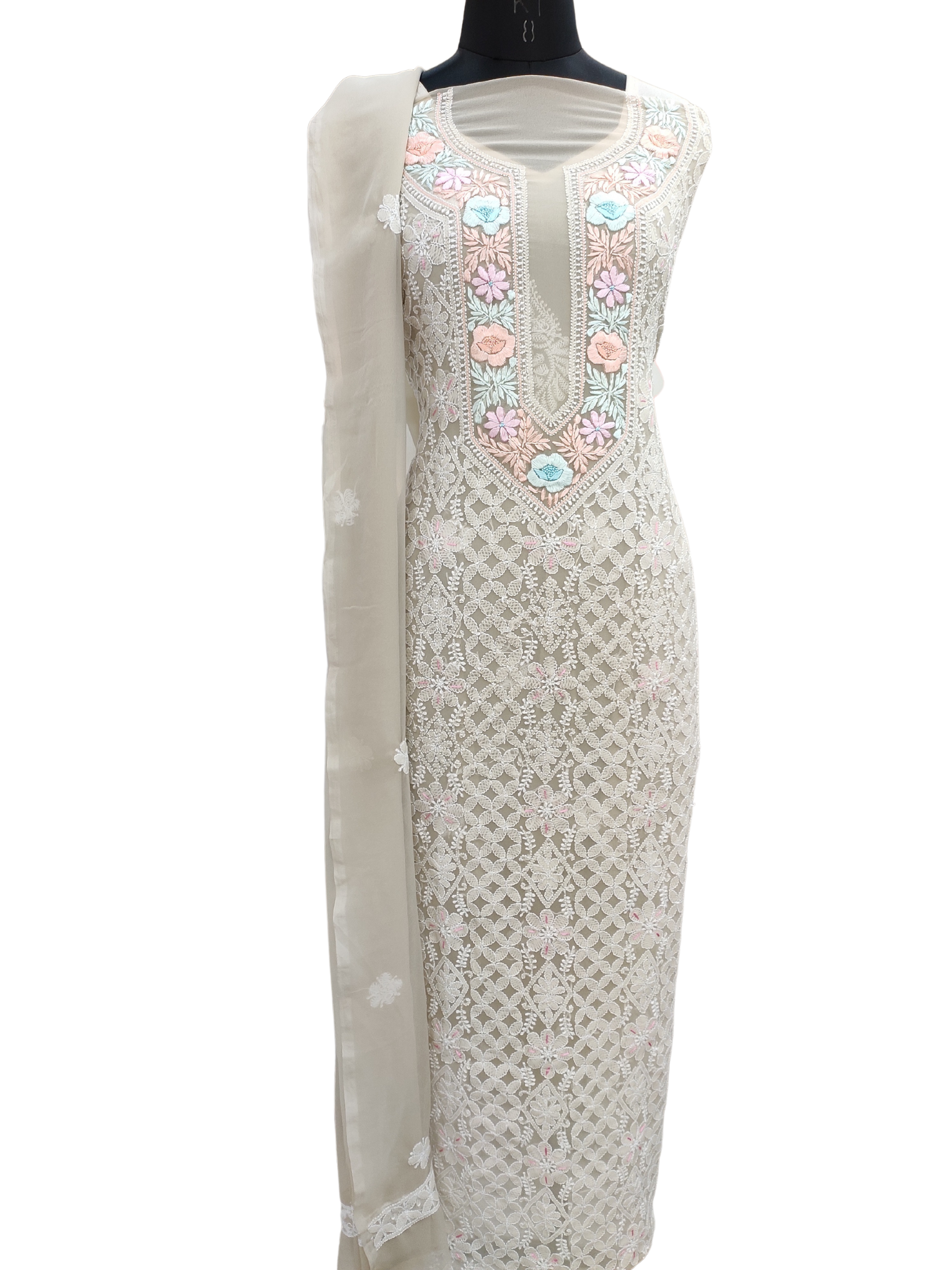 Shyamal Chikan Hand Embroidered Beige Georgette Lucknowi Chikankari Unstitched Suit Piece With Parsi Work - S18674