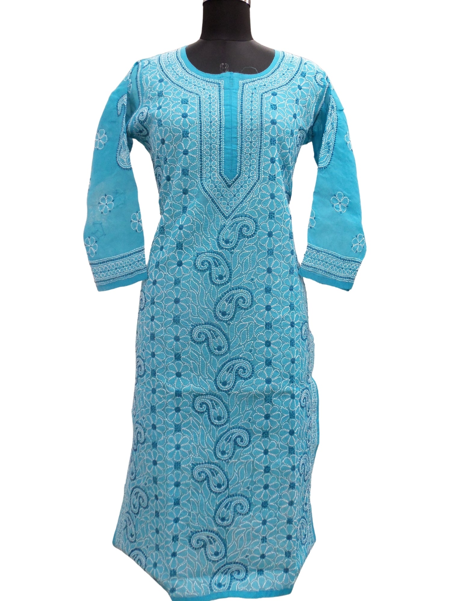 Shyamal Chikan Hand Embroidered Blue Cotton Lucknowi Chikankari Kurti- S2498