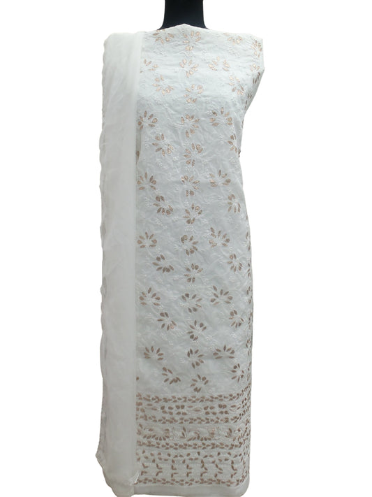 Shyamal Chikan Hand Embroidered White Cotton Lucknowi Chikankari Unstitched Suit Piece With Gotta Patti Work - S3343 - Shyamal Chikan