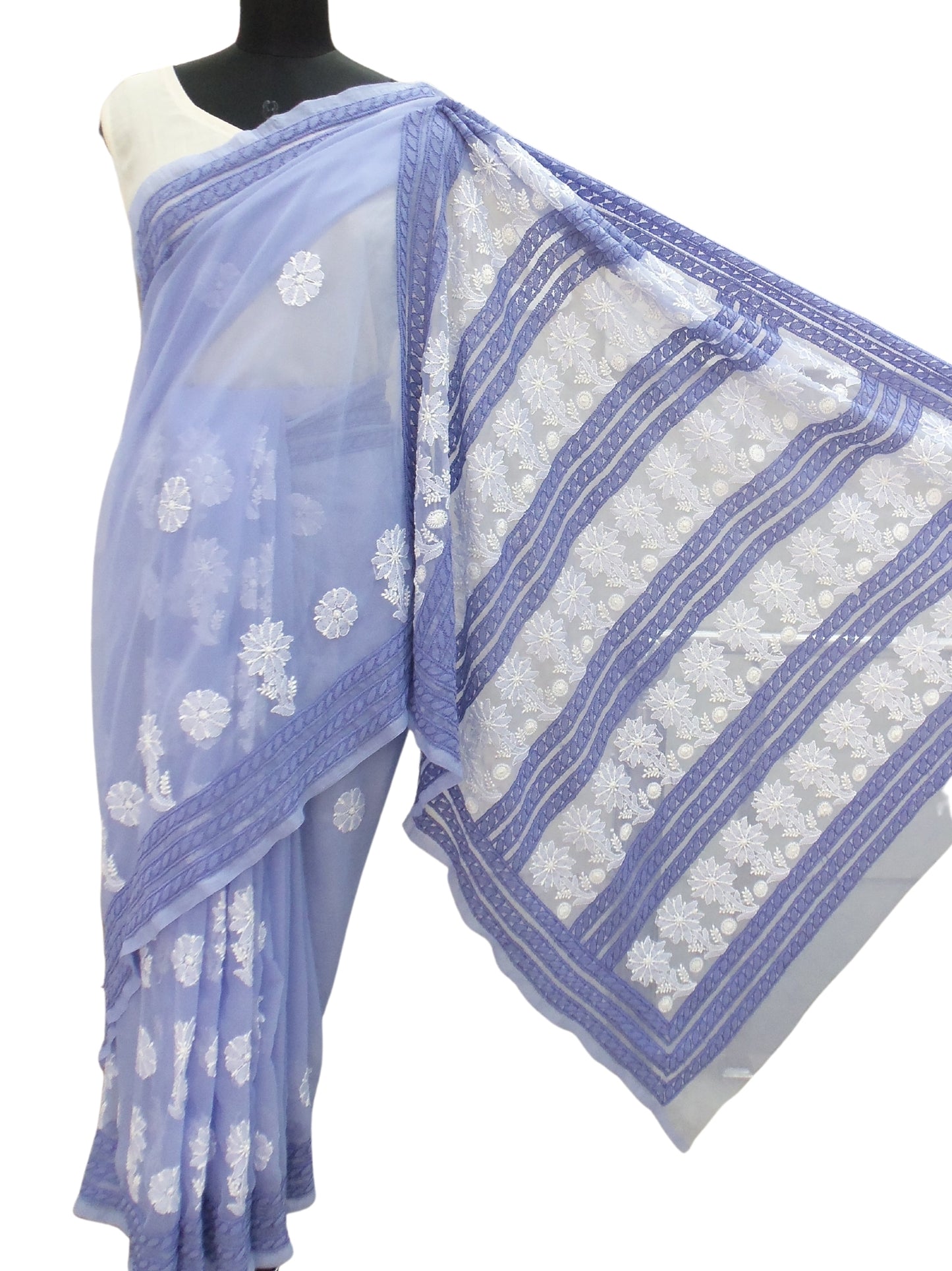 Shyamal Chikan Hand Embroidered Lilac Georgette Lucknowi Chikankari Lehnga Saree With Blouse Piece - S487