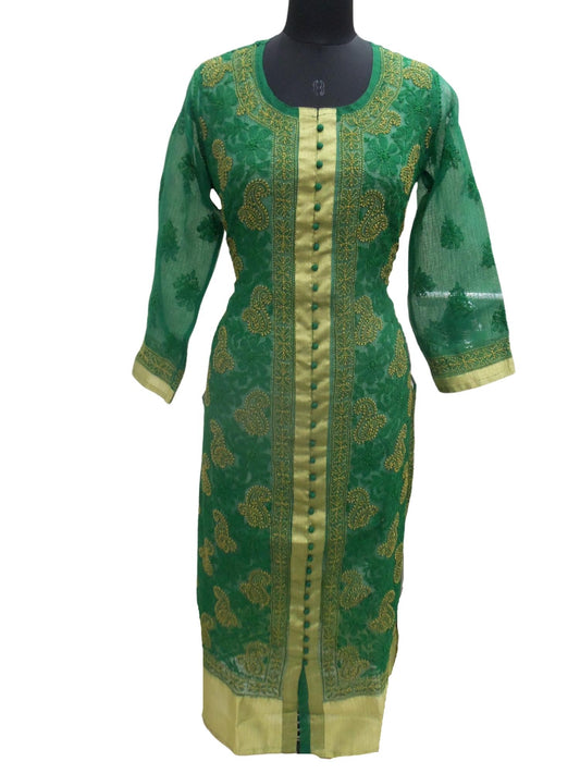 Shyamal Chikan Hand Embroidered Green Kota Cotton Lucknowi Chikankari Kurti - S4927