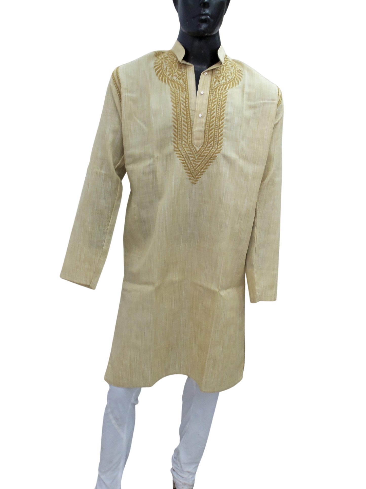 Shyamal Chikan Hand Embroidered Beige Cotton Lucknowi Chikankari Men's Kurta – S4991