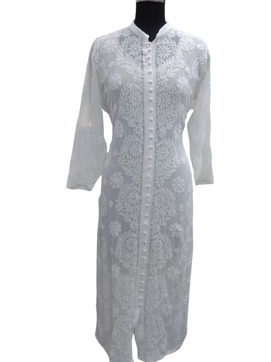 Shyamal Chikan Hand Embroidered White Georgette Lucknowi Chikankari Kurti - S7738