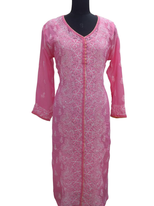 Shyamal Chikan Hand Embroidered Pink Georgette Lucknowi Chikankari Kurti - S8162