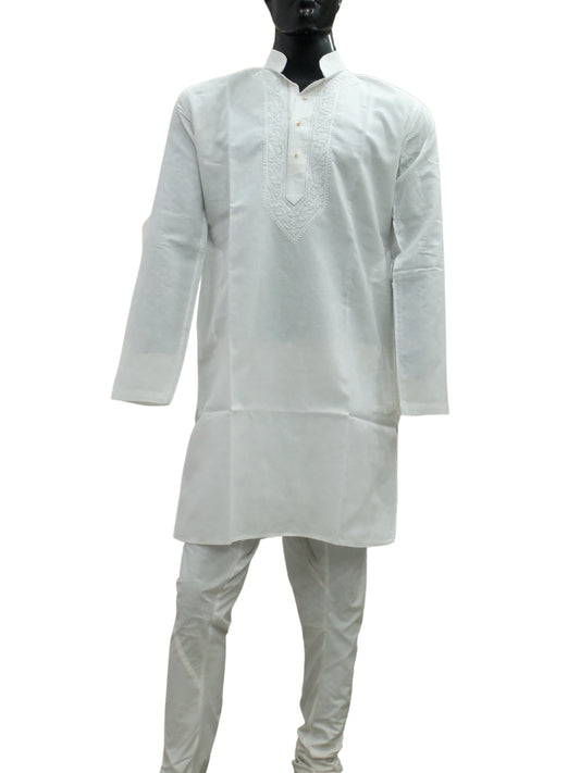 Shyamal Chikan Hand Embroidered White Lenin Cotton Lucknowi Chikankari Men's Kurta – S1222