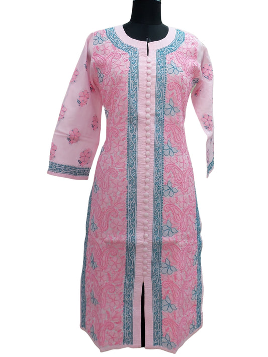 Shyamal Chikan Hand Embroidered Pink Cotton Lucknowi Chikankari Kurti- S1026