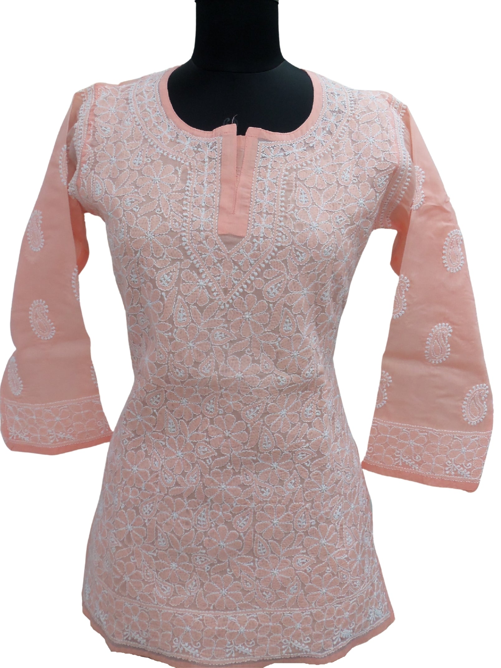Shyamal Chikan Hand Embroidered Peach Cotton Lucknowi Chikankari Short Top- S4044