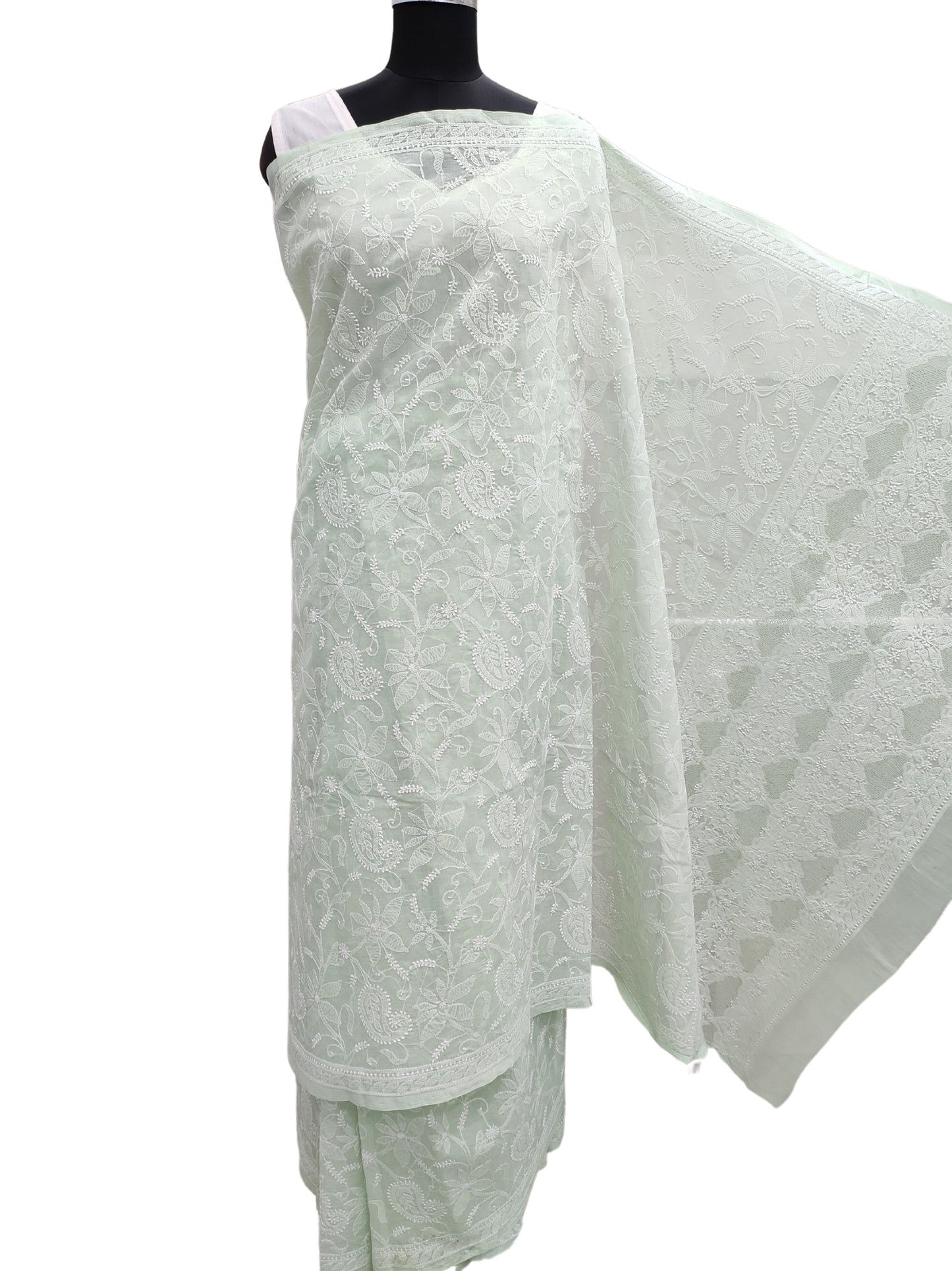 Shyamal Chikan Hand Embroidered Light Green Cotton Lucknowi Chikankari Full Jaal Saree With Blouse Piece- 10068
