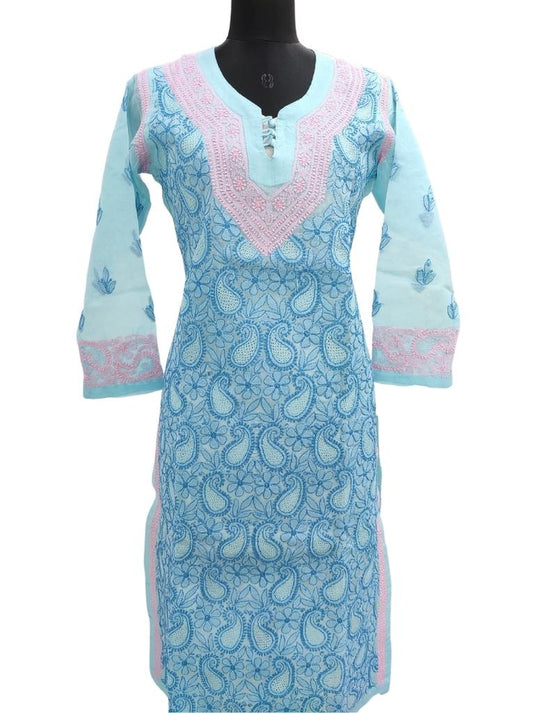 Shyamal Chikan Hand Embroidered Blue Cotton Lucknowi Chikankari Kurti With Jaali Work- S3114