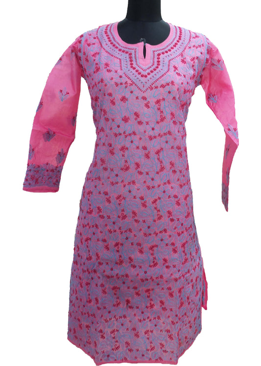 Shyamal Chikan Hand Embroidered Pink Pure Tusser Silk Lucknowi Chikankari Kurti- S512