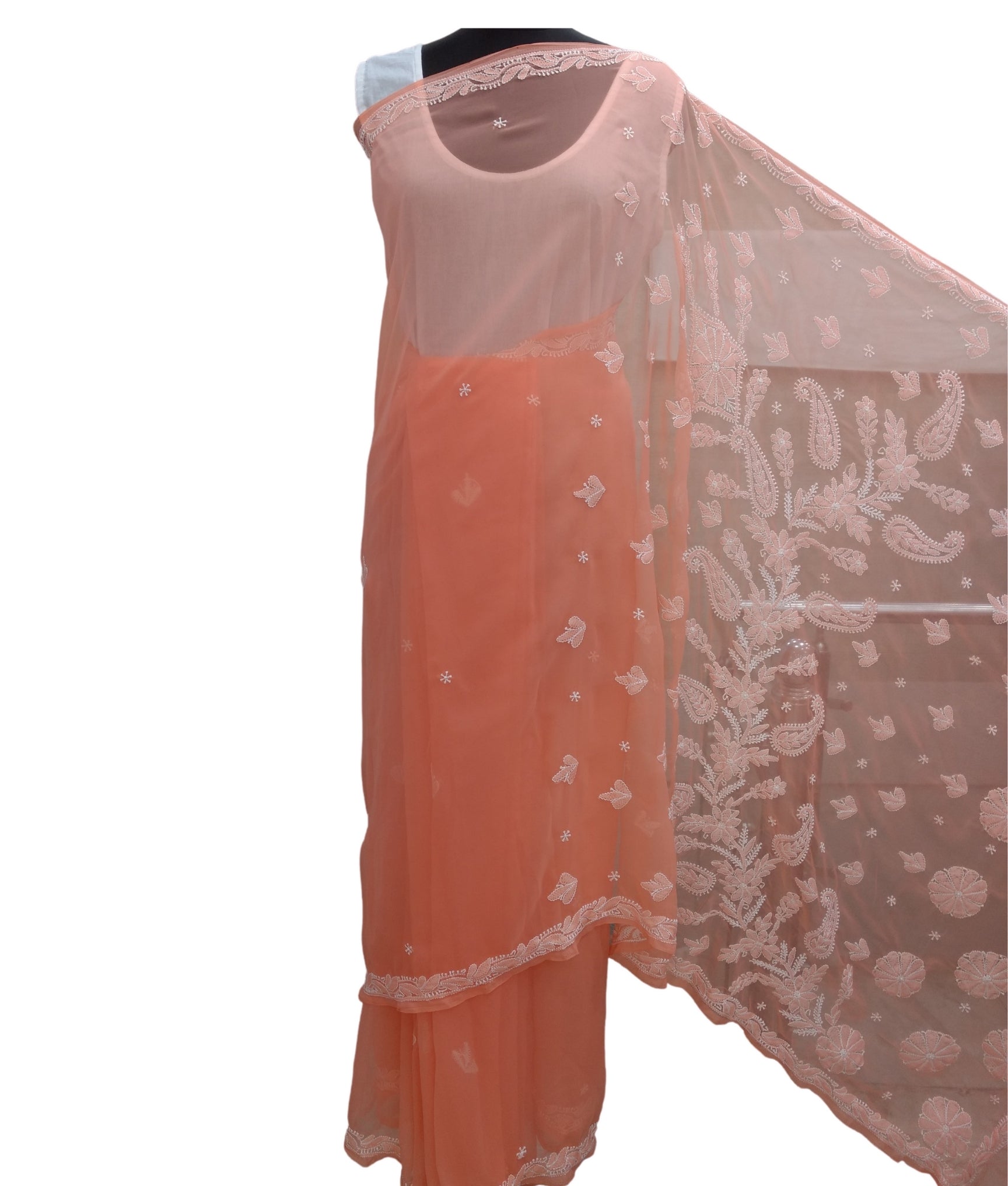 Shyamal Chikan Hand Embroidered Peach Georgette Lucknowi Chikankari Saree With Blouse Piece - S8273