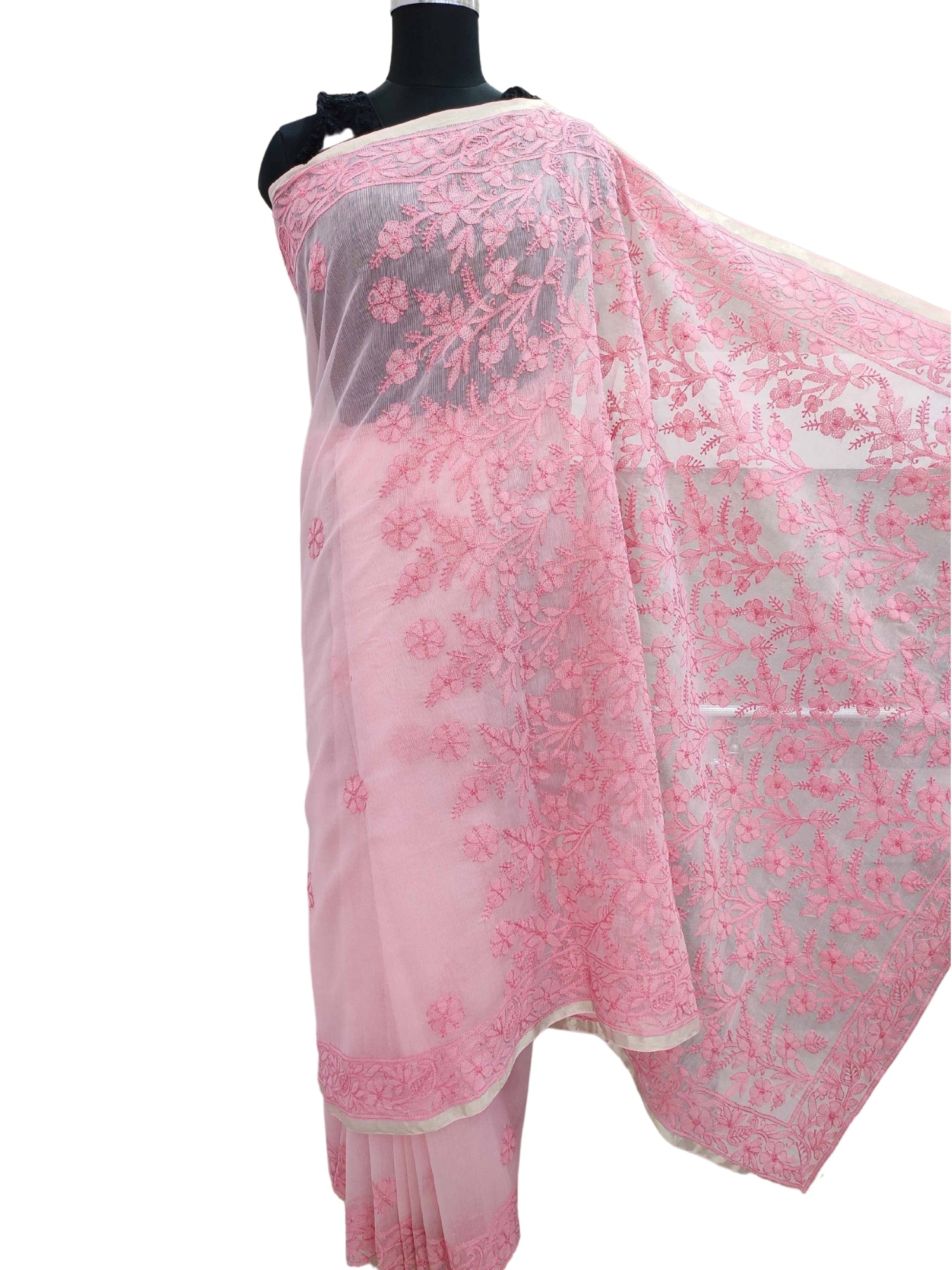Shyamal Chikan Hand Embroidered Pink Super Net Lucknowi Chikankari Saree With Blouse Piece-S11935