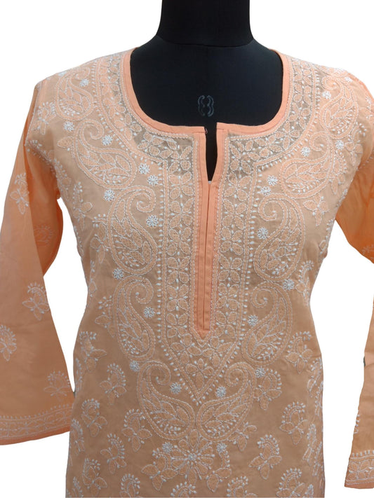 Shyamal Chikan Hand Embroidered Peach Cotton All-Over Lucknowi Chikankari Short Top - S8322