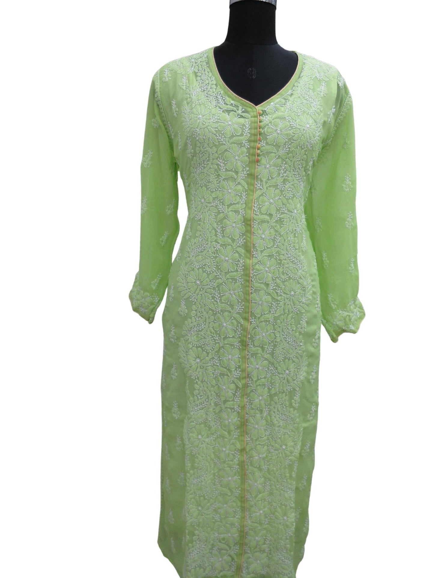 Shyamal Chikan Hand Embroidered Green Georgette Lucknowi Chikankari Kurti - S8164