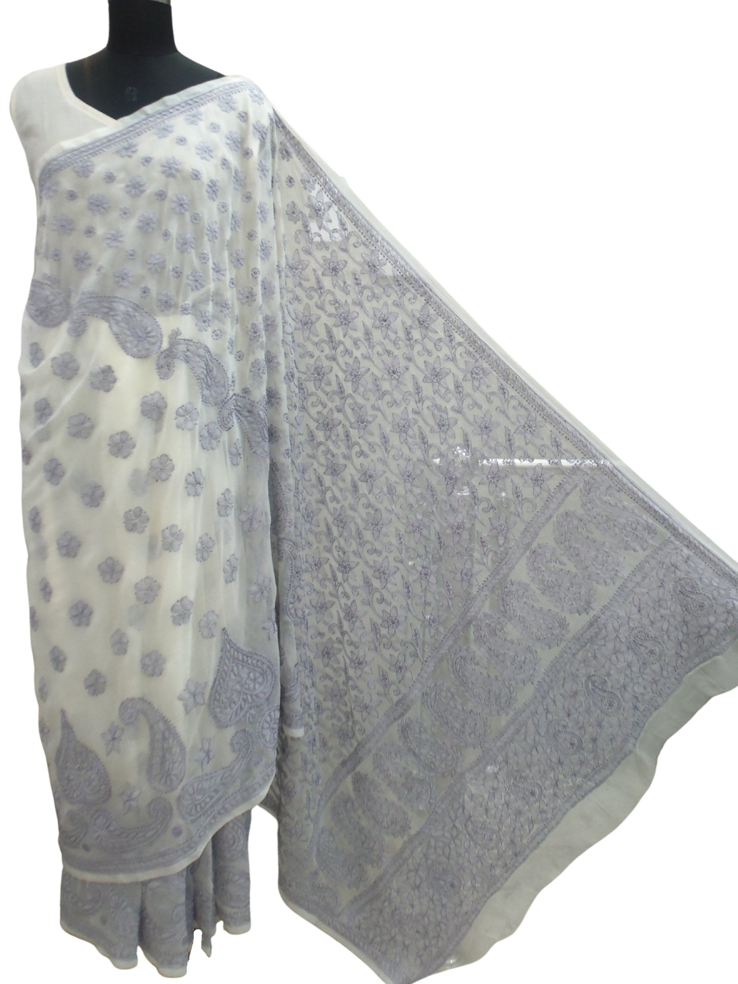 Shyamal Chikan Hand Embroidered White Georgette Lucknowi Chikankari Skirt Saree With Blouse Piece- S500