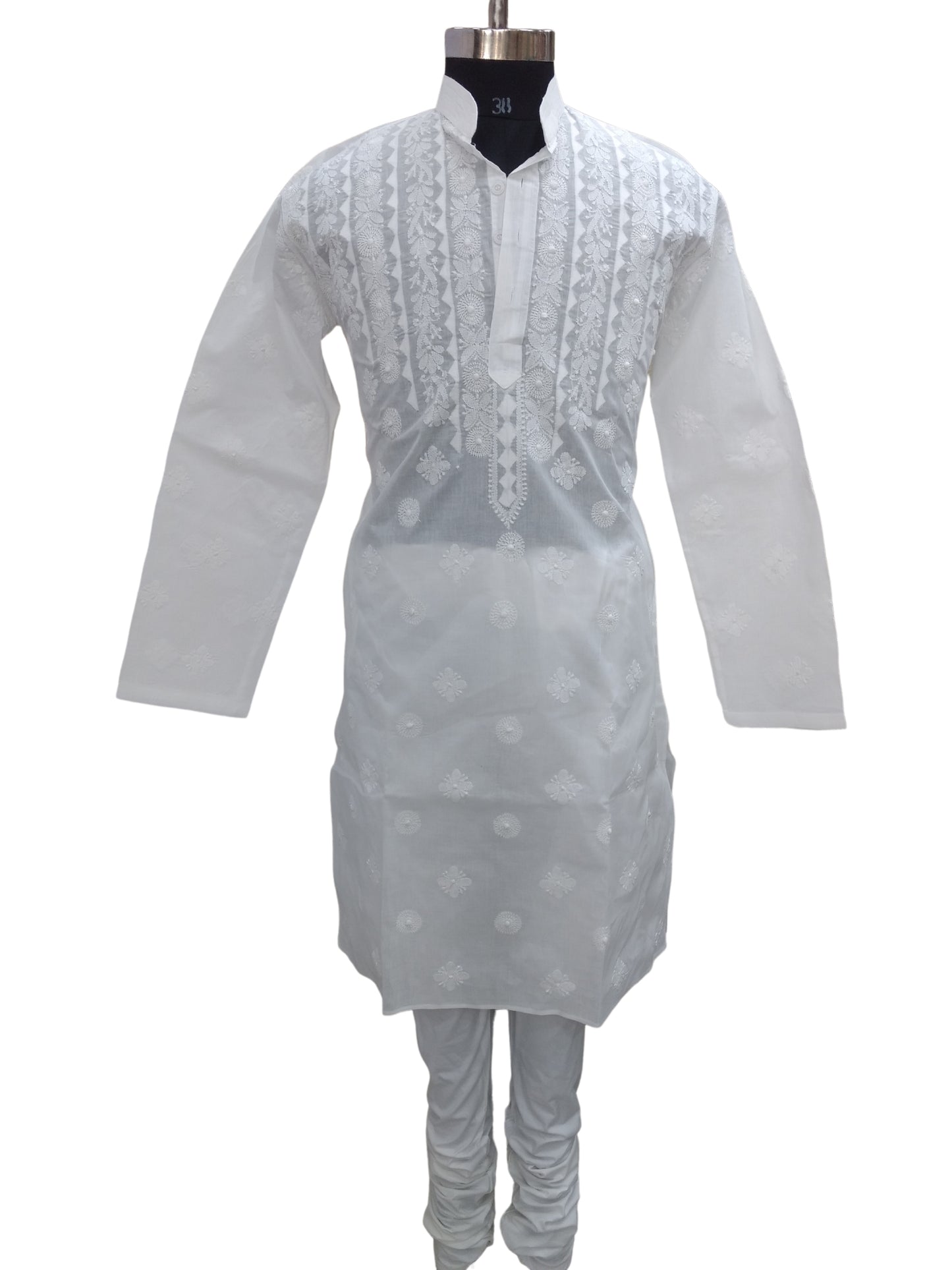 Shyamal Chikan Hand Embroidered White Cotton Lucknowi Chikankari Men's Kurta With Daraz Work – S7132