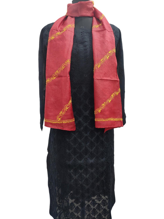 Shyamal Chikan Hand Embroidered Maroon Pure Tusser Silk Lucknowi Chikankari Stole - S1705