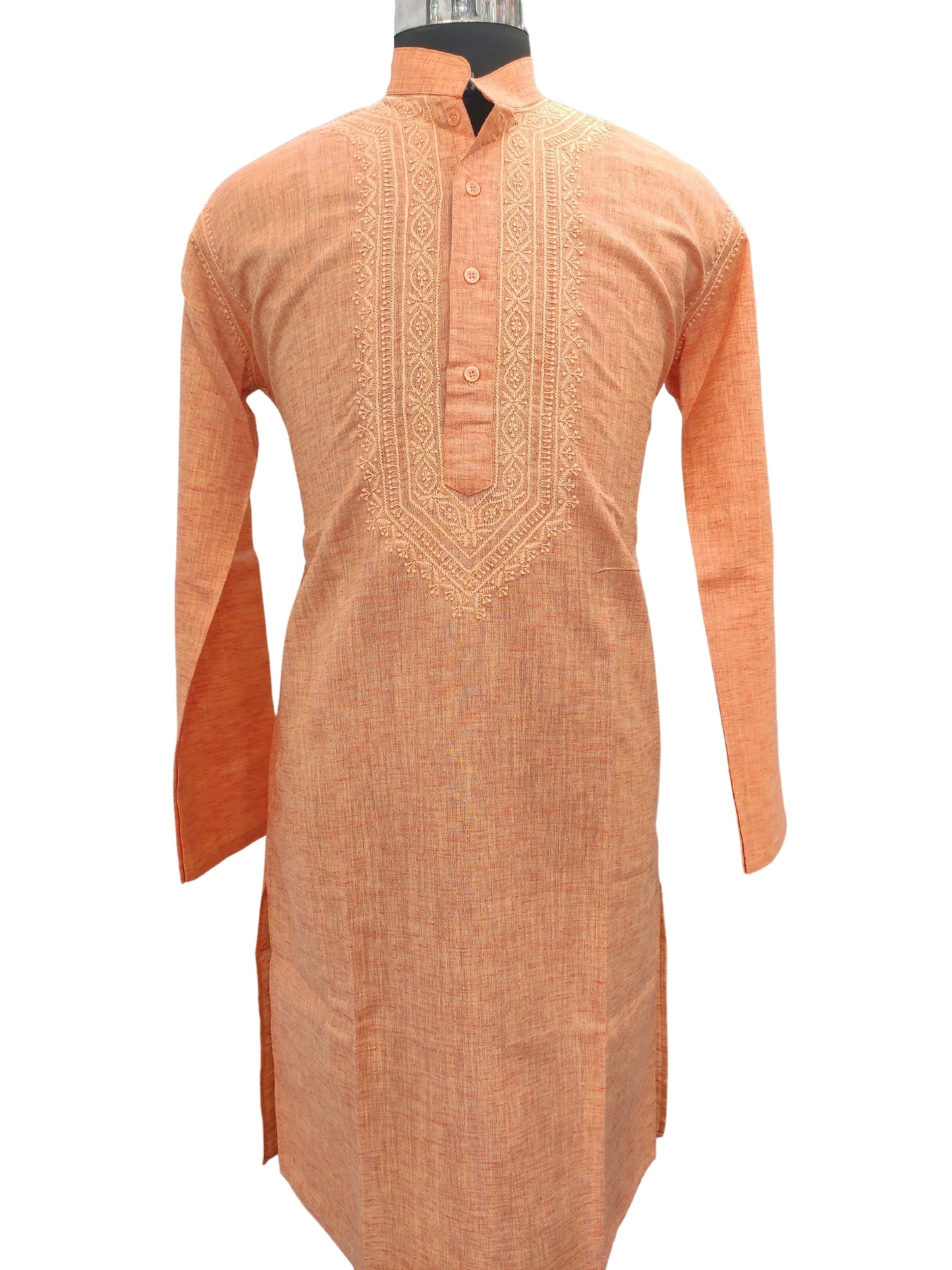 Shyamal Chikan Embroidered Peach Cotton Lucknowi Chikankari Men's  Kurta – S11839