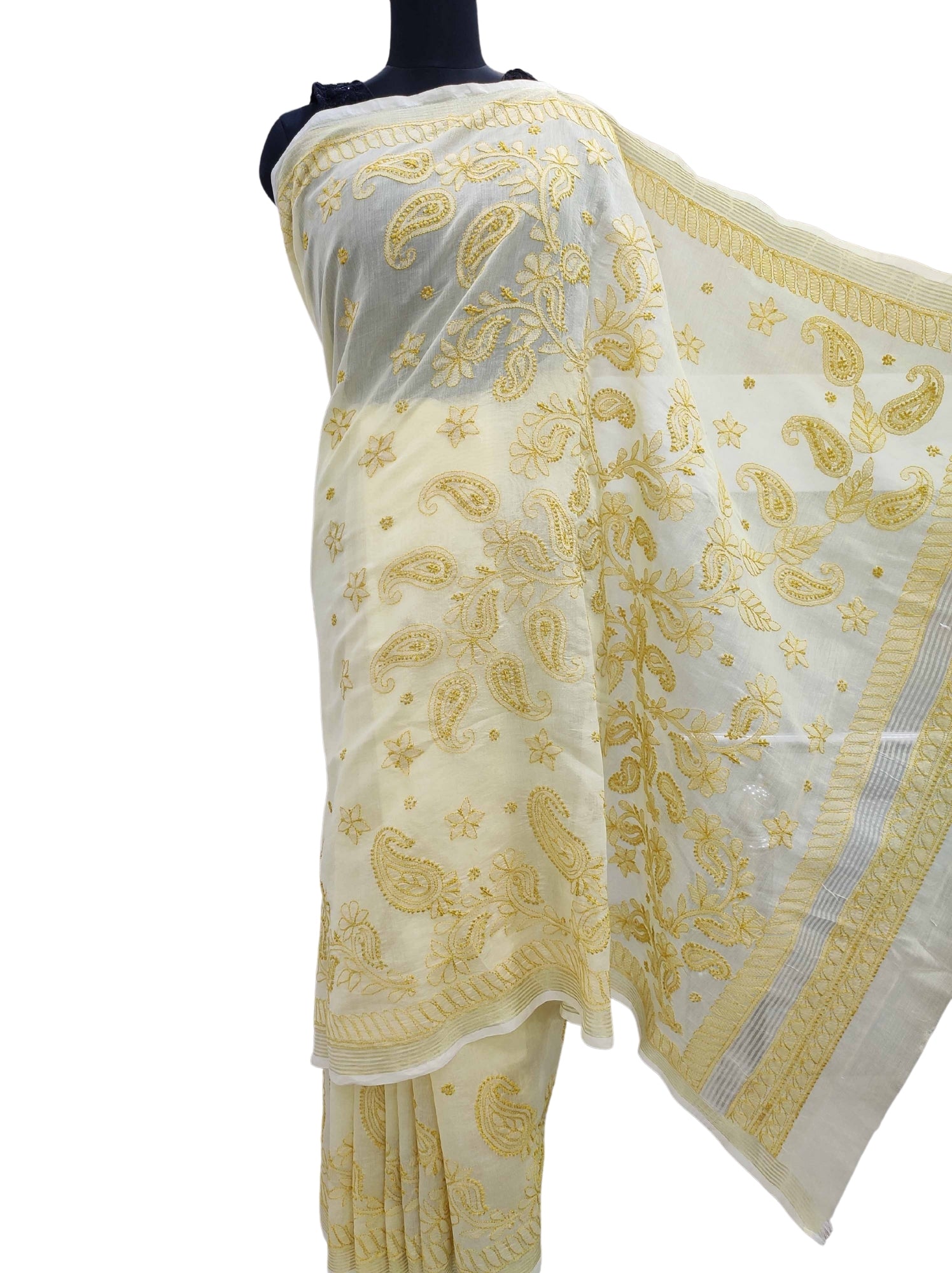 Shyamal Chikan Hand Embroidered Yellow Cotton Lucknowi Chikankari Skirt Saree With Blouse Piece - S11934