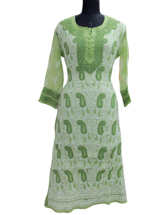 Shyamal Chikan Hand Embroidered Green Georgette Lucknowi Chikankari Kurti With Jaali Work - S394