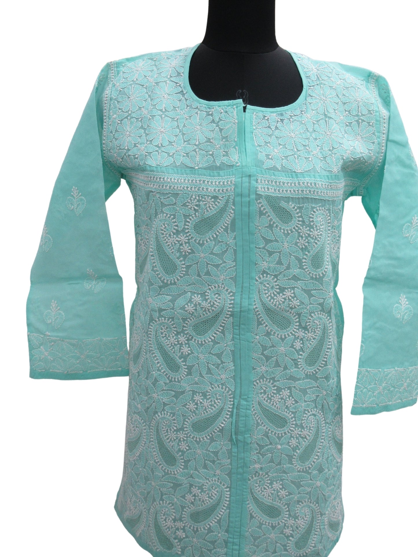Shyamal Chikan Hand Embroidered Green Cotton Lucknowi Chikankari Short Top With Jaali Work- S7882