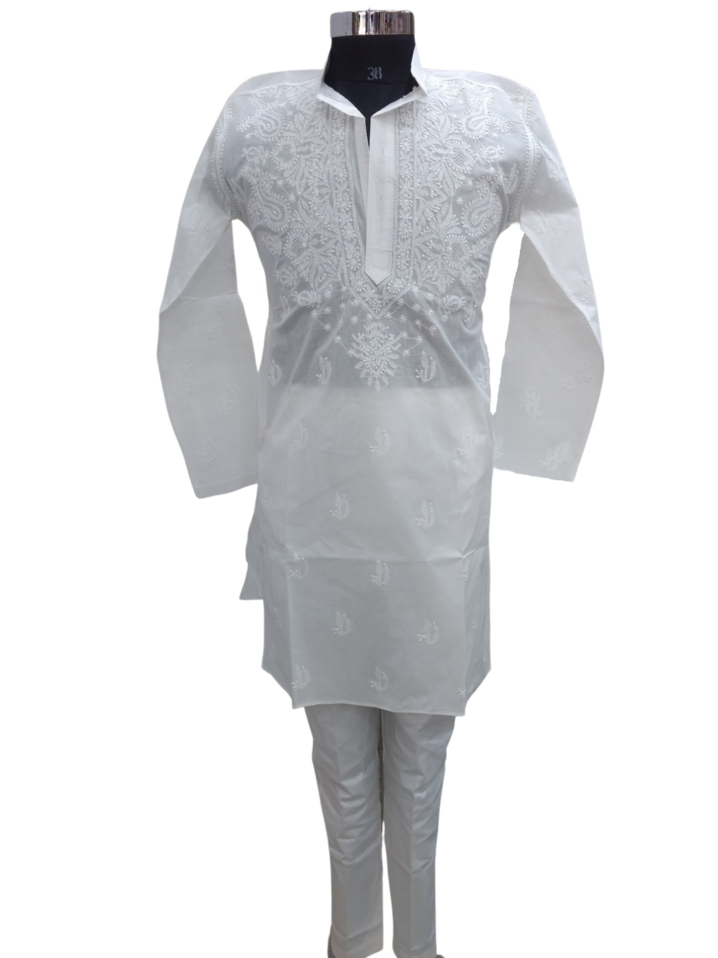 Shyamal Chikan Hand Embroidered White Cotton Lucknowi Chikankari Men's Kurta – S7281