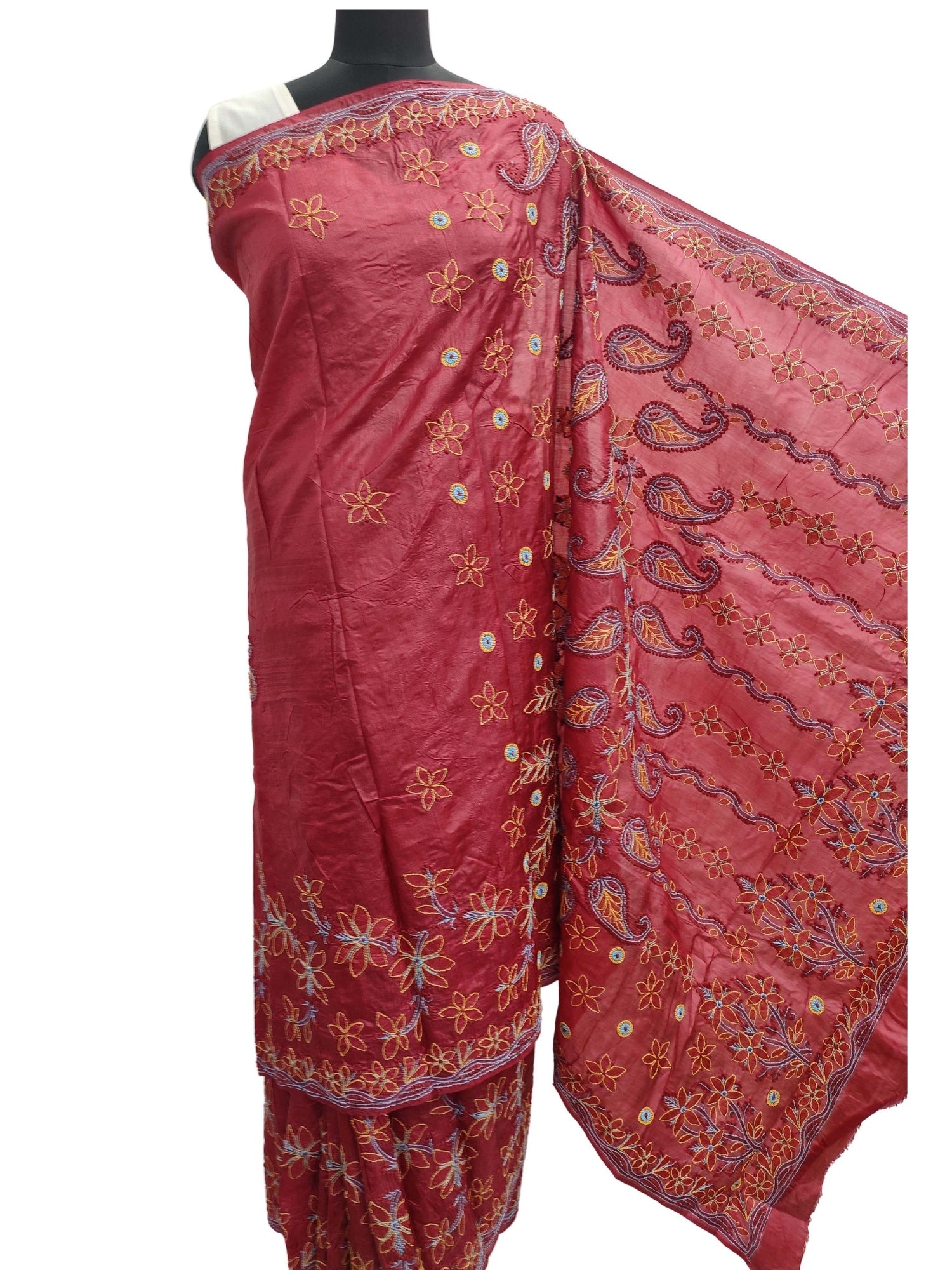 Shyamal Chikan Hand Embroidered Cherry Red Pure Tusser Silk Lucknowi Chikankari Saree With Blouse Piece- S2352