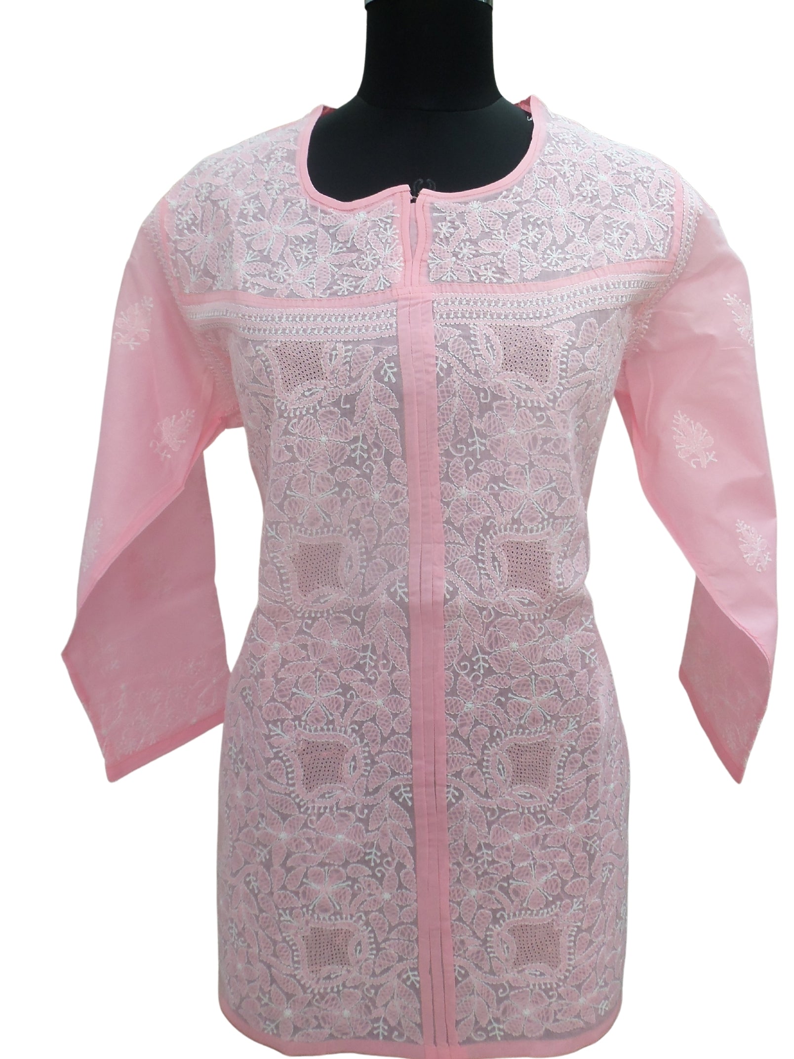 Shyamal Chikan Hand Embroidered Pink Cotton Lucknowi Chikankari Short Top With Jaali Work- S7019