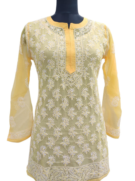 Shyamal Chikan Hand Embroidered Yellow Cotton Lucknowi Chikankari All Over Short Top- S16082
