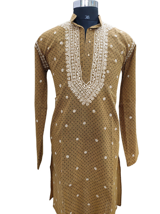 Shyamal Chikan Hand Embroidered Brown Cotton Lucknowi Chikankari Men's Kurta – S10952