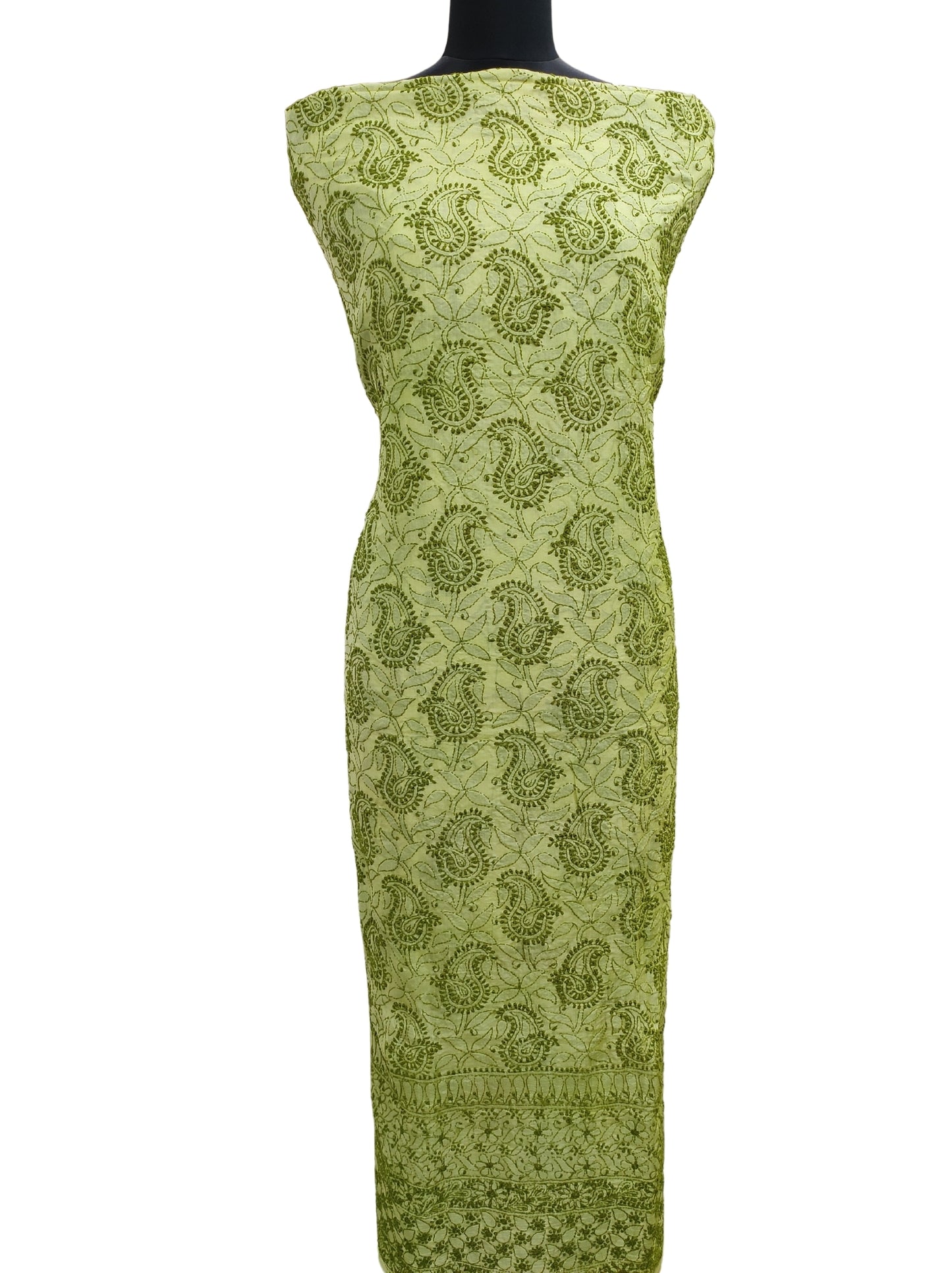 Shyamal Chikan Hand Embroidered Green Pure Tusser Silk Lucknowi Chikankari Unstitched Kurta Piece