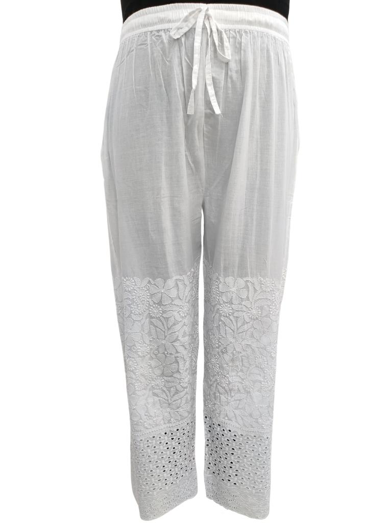 Shyamal Chikan Hand Embroidered White Cotton Lucknowi Chikankari Women's  Plazzo – S10828