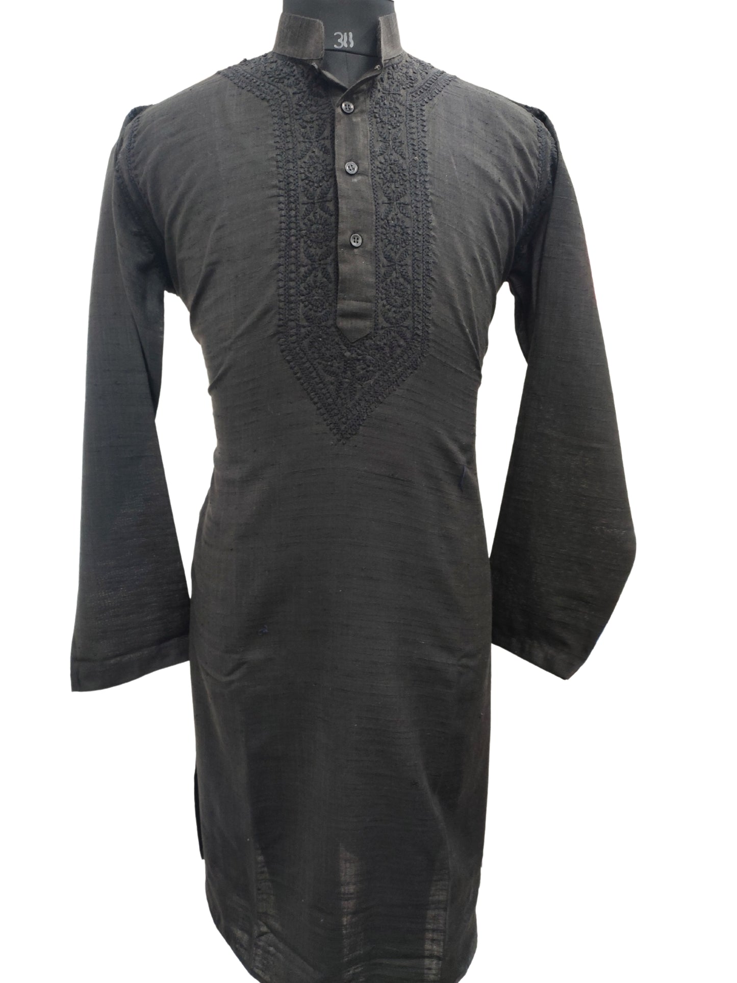 Shyamal Chikan Hand Embroidered Black Cotton Lucknowi Chikankari Men's Kurta – S17731