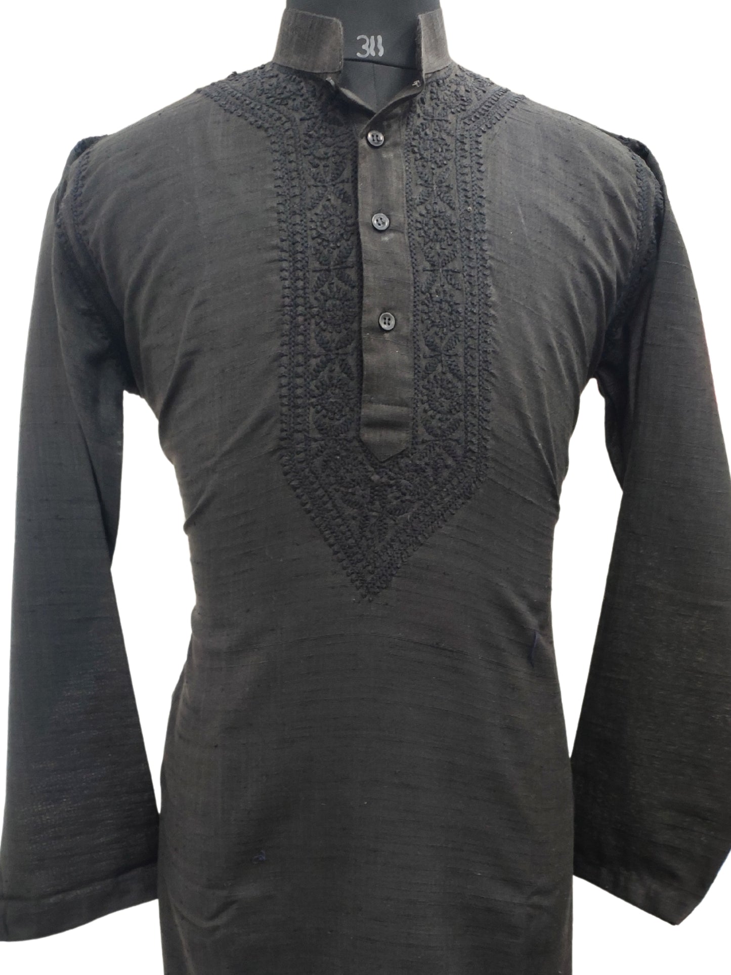 Shyamal Chikan Hand Embroidered Black Cotton Lucknowi Chikankari Men's Kurta– S17731