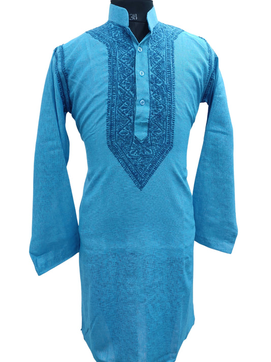 Shyamal Chikan Hand Embroidered Blue Cotton Lucknowi Chikankari Men's Kurta – S17698