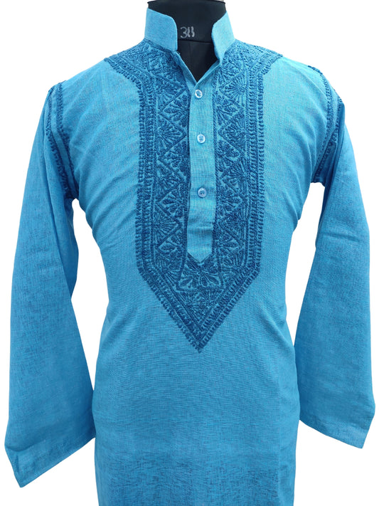 Shyamal Chikan Hand Embroidered Blue Cotton Lucknowi Chikankari Men's Kurta– S17698