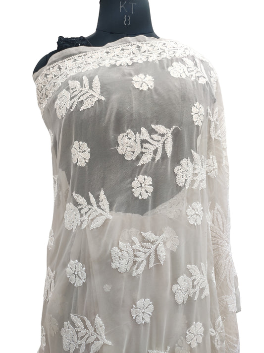 Shyamal Chikan Hand Embroidered Beige Georgette Lucknowi Chikankari Skirt Saree With Blouse Piece - S18314