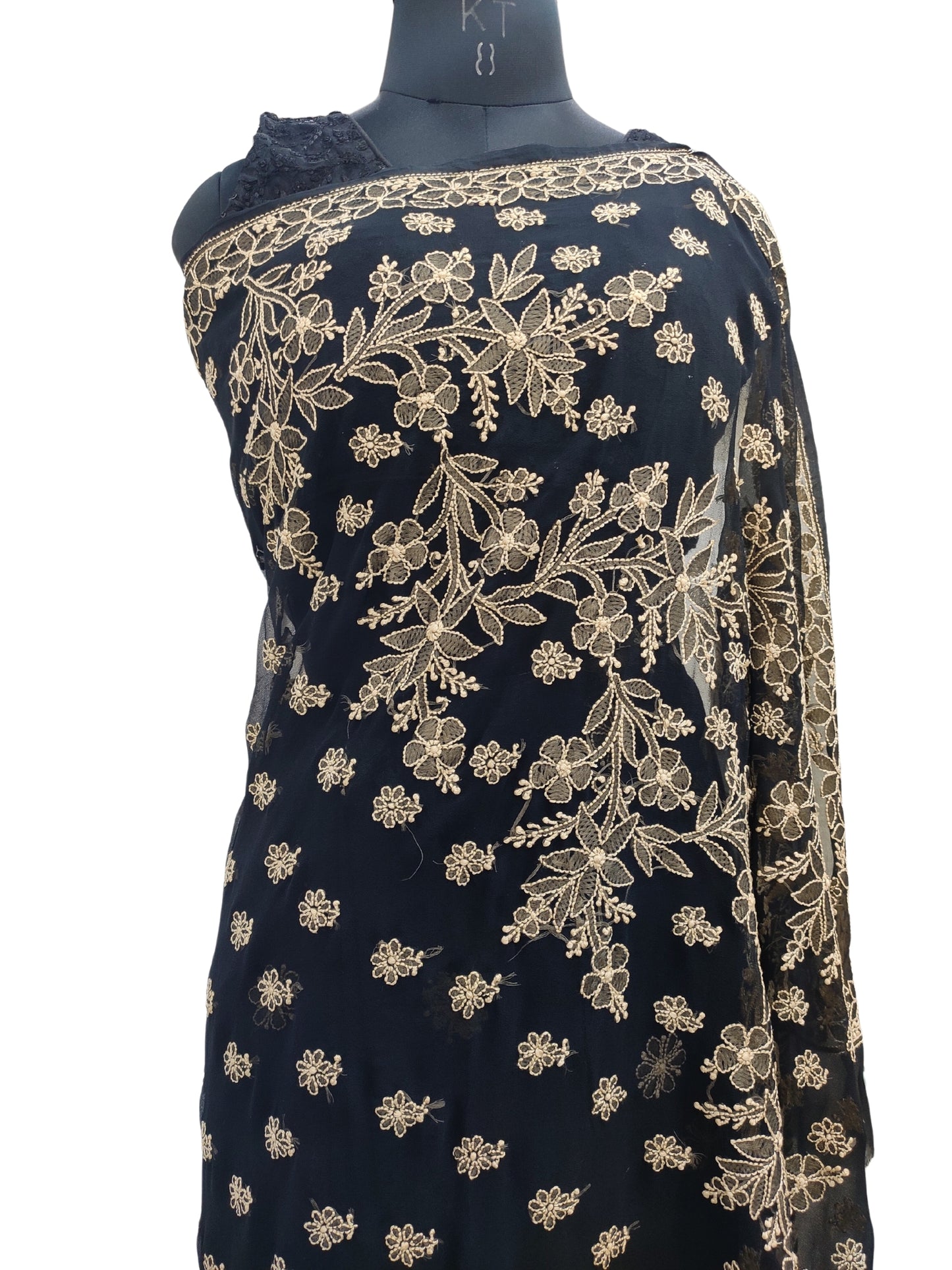 Shyamal Chikan Hand Embroidered Black Georgette Lucknowi Chikankari Shoulder Jaal Saree With Blouse Piece - S18310