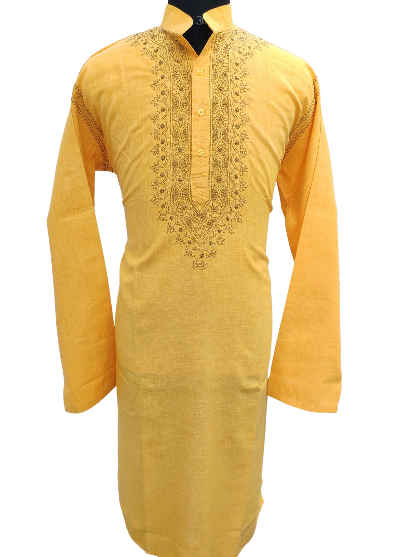 Shyamal Chikan Hand Embroidered Yellow Cotton Lucknowi Chikankari Men's Kurta – S11848