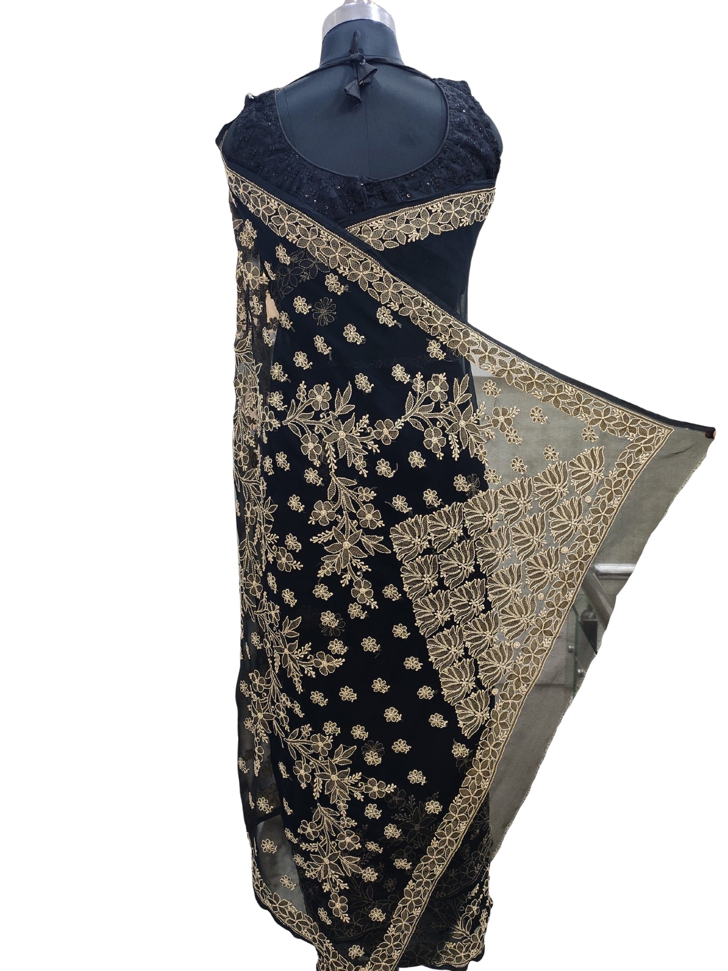 Shyamal Chikan Hand Embroidered Black Georgette Lucknowi Chikankari Skirt Saree With Blouse Piece - S18310