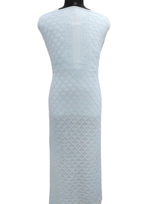 Shyamal Chikan Hand Embroidered Ice Blue Viscose Georgette Lucknowi Chikankari Unstitched Men's Kurta Piece – S16602