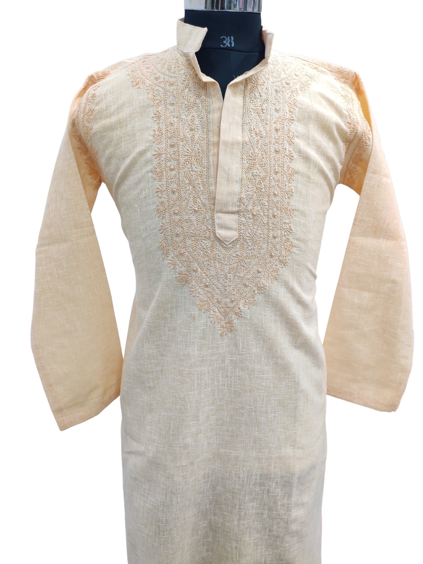 Shyamal Chikan Hand Embroidered Peach Cotton Lucknowi Chikankari Men's Kurta – S19032